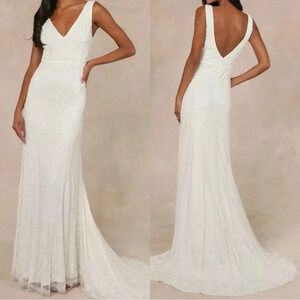 NWOT‎ Lulus Passionate Romance White Beaded Sequin Mermaid Maxi Dress